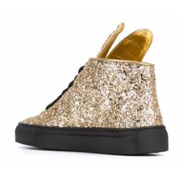 Minna Parikka Bunny Ears Sneaker •Women 40 /US 9• Gold Glitter Black Hi Top - Picture 3 of 15